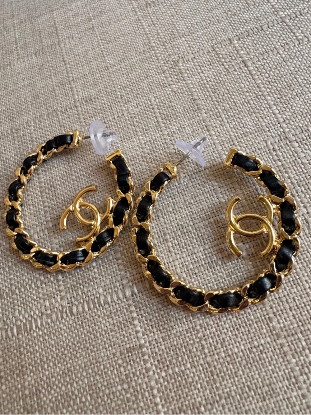 CHANEL Gold and Black Chain-Detail Hoop Earrings with CC